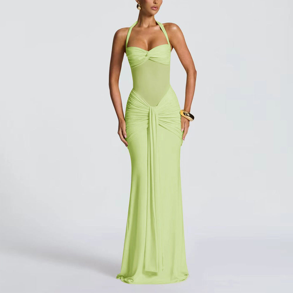Women's figure-hugging halter evening dress with transparent mesh insert and gathered hip area Mune Fashion