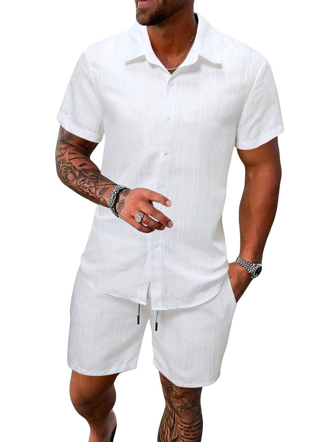 Men's lightweight short-sleeve shirt with open collar and matching casual shorts made of textured cotton blend Mune Fashion