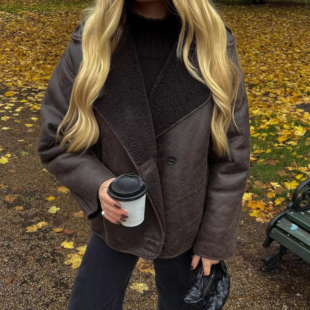 Women's Boxy Short Jacket made of Faux Suede with Teddy Collar and Concealed Button Placket Mune Fashion