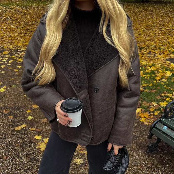 Women's Boxy Short Jacket made of Faux Suede with Teddy Collar and Concealed Button Placket Mune Fashion