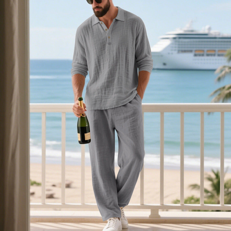 Men's relaxed cotton muslin resort set with polo collar button placket and wide comfort waistband Mune Fashion