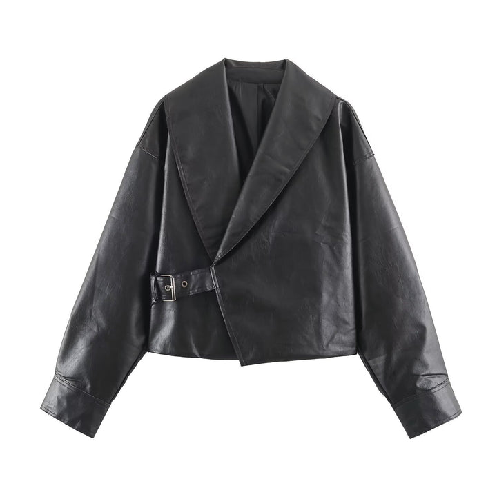 Women Short Oversized Faux Leather Jacket with Wide Shawl Collar and Belt Mune Fashion