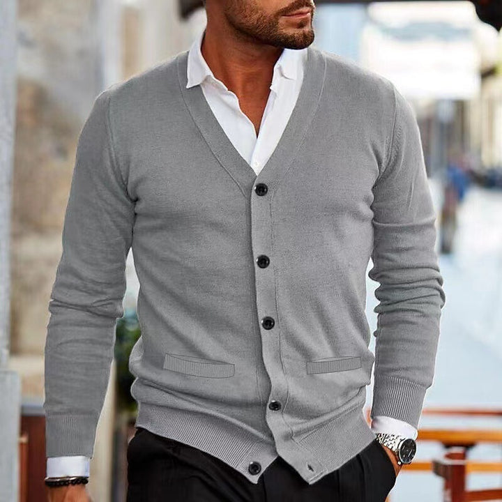 Men's fine knit V-neck cardigan with button placket and side pockets Mune Fashion