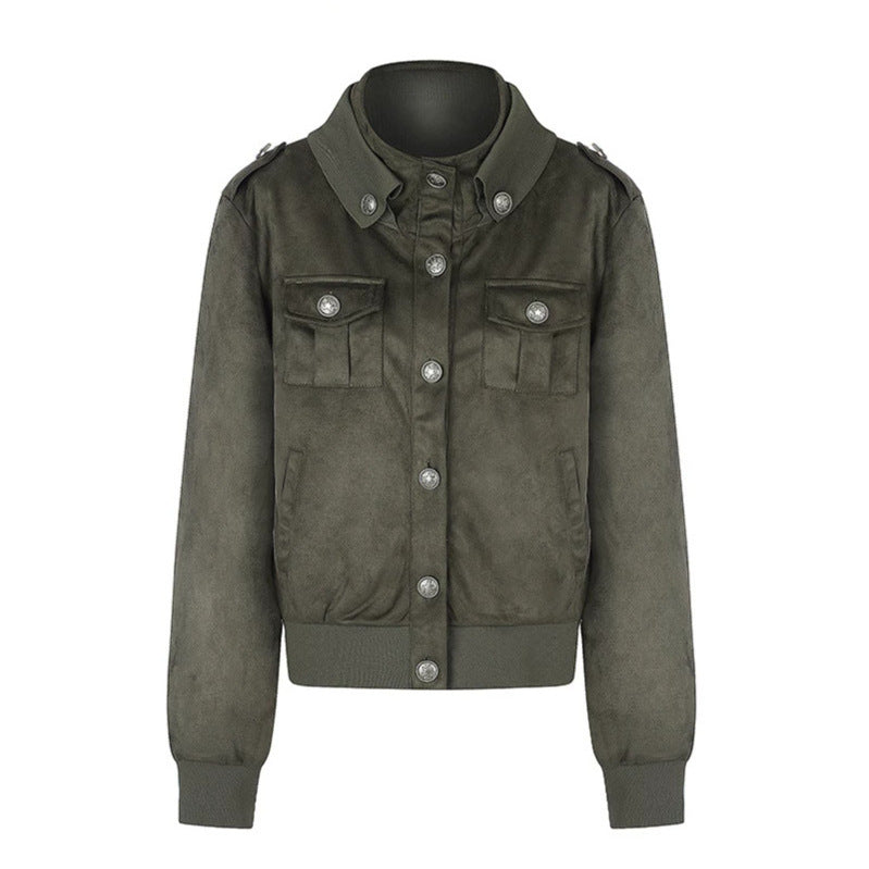 Women's Short Cut Velvet Velours Bomber Jacket with Decorative Buttons and Epaulets Mune Fashion