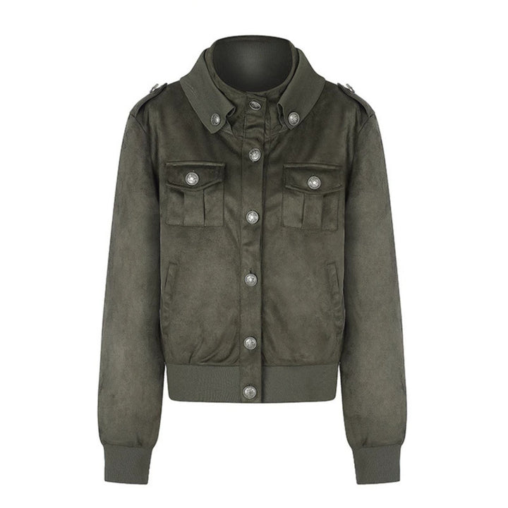 Women's Short Cut Velvet Velours Bomber Jacket with Decorative Buttons and Epaulets Mune Fashion
