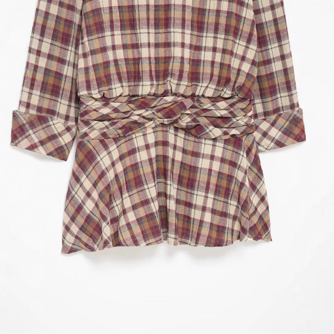 Ladies' checked mini dress with twisted waist band and flared skirt Mune Fashion