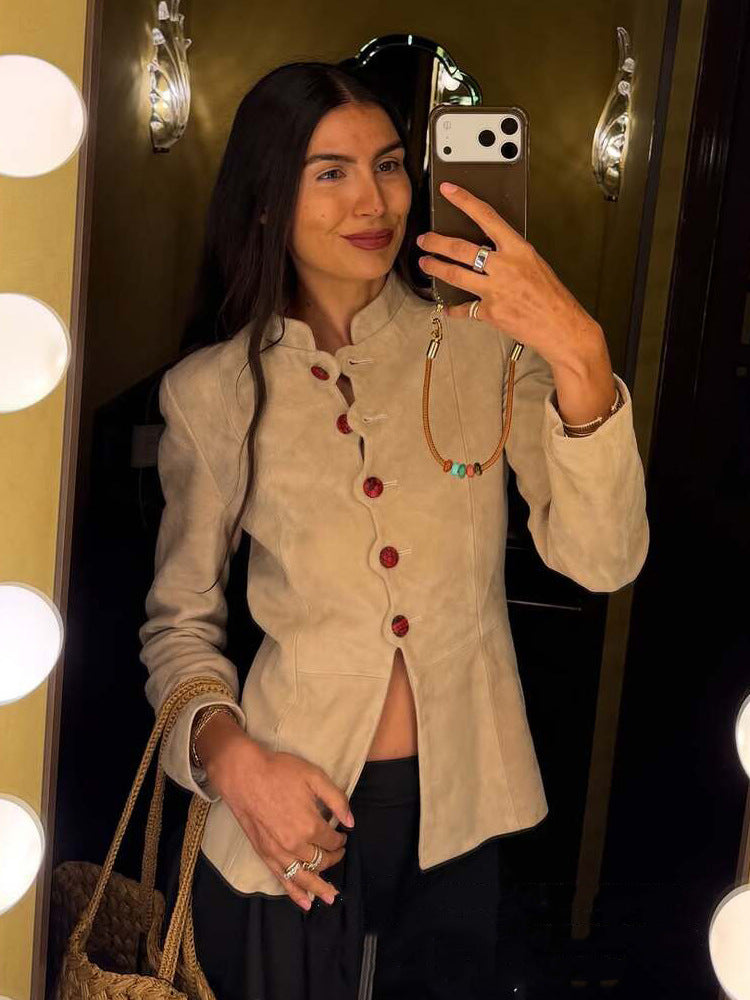 Women's Tailored Suede Blazer with Stand Collar and Decorative Buttons Mune Fashion