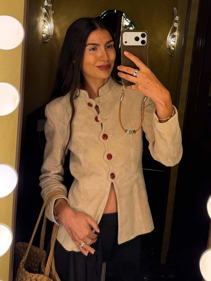 Women's Tailored Suede Blazer with Stand Collar and Decorative Buttons Mune Fashion