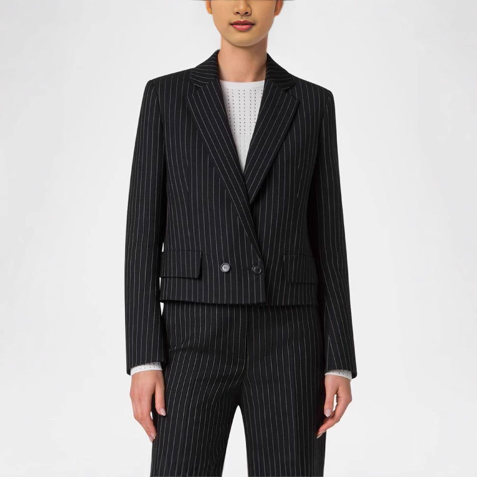 Women's Two-Piece Pinstripe Suit with Tailored Short Blazer and Wide Palazzo Pants Mune Fashion