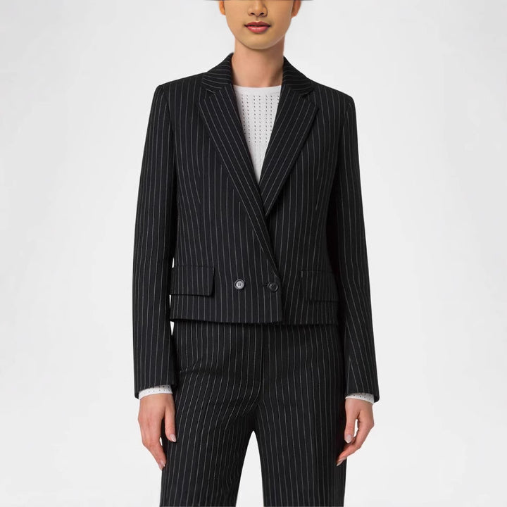Women's Two-Piece Pinstripe Suit with Tailored Short Blazer and Wide Palazzo Pants Mune Fashion