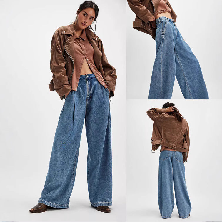 Women's high-waisted denim palazzo pants with prominent pleats and extra wide leg Mune Fashion