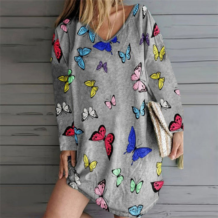 Women Oversize Tunic Dress with V-Neck and Butterfly Print Mune Fashion