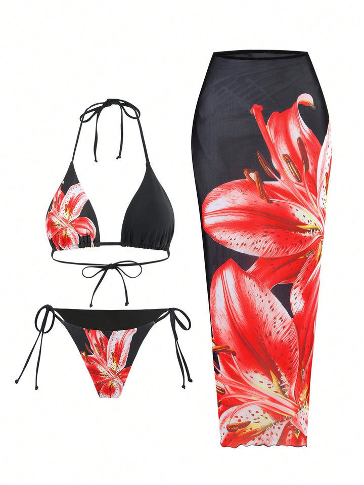 Women's bikini set with floral wrap skirt Mune Fashion