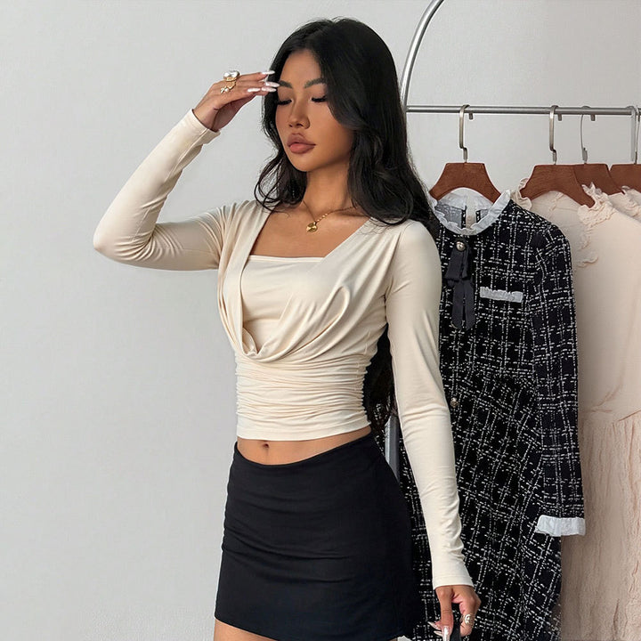 Women's draped long-sleeve cropped top with waterfall cowl underlayer insert and tailored gathering Mune Fashion