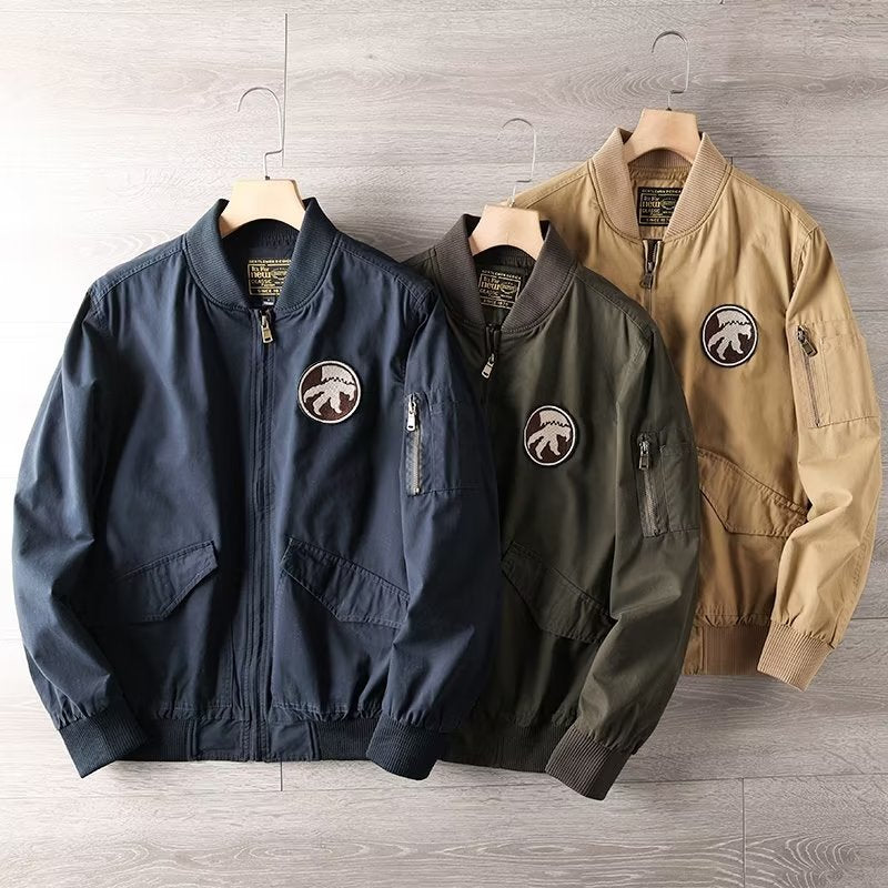 Men's Casual Bomber Jacket with Zipper, Chest Patch and Sleeve Pocket Detail Mune Fashion