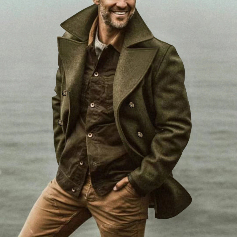 Men's short coat in marine style made of wool blend with double button placket and large lapel Mune Fashion
