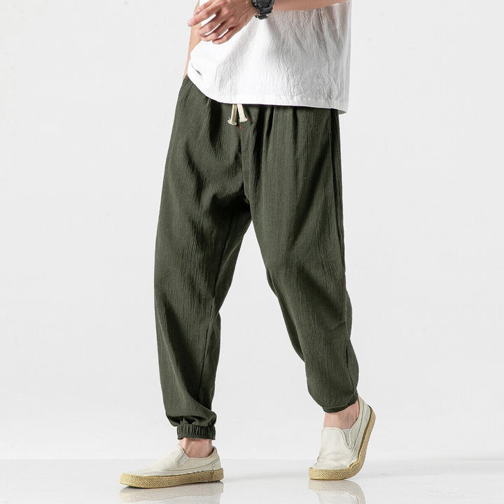 Men's Casual Linen Blend Jogging Pants with Drawstring, Ribbed Textured Fabric and Elastic Cuffs Mune Fashion