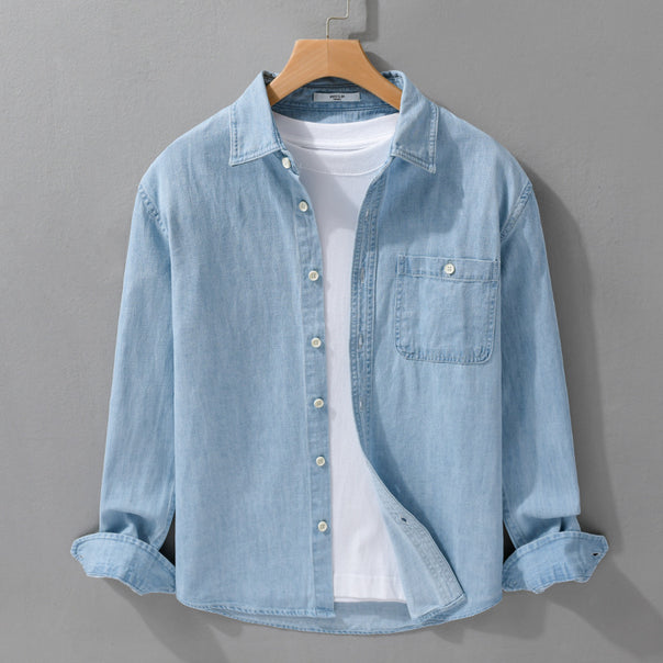 Men's denim overshirt made of cotton twill with chest pocket and contrast stitching Mune Fashion