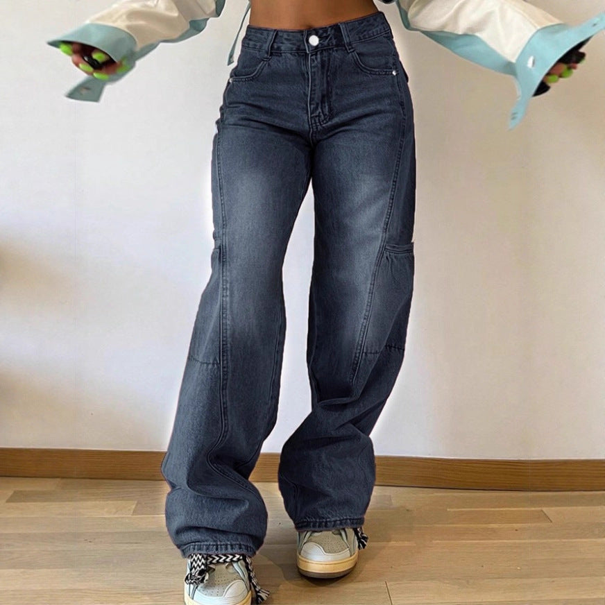 Women's High-Waist Wide Cargo Denim Pants with Seam Panels and Baggy Silhouette Mune Fashion