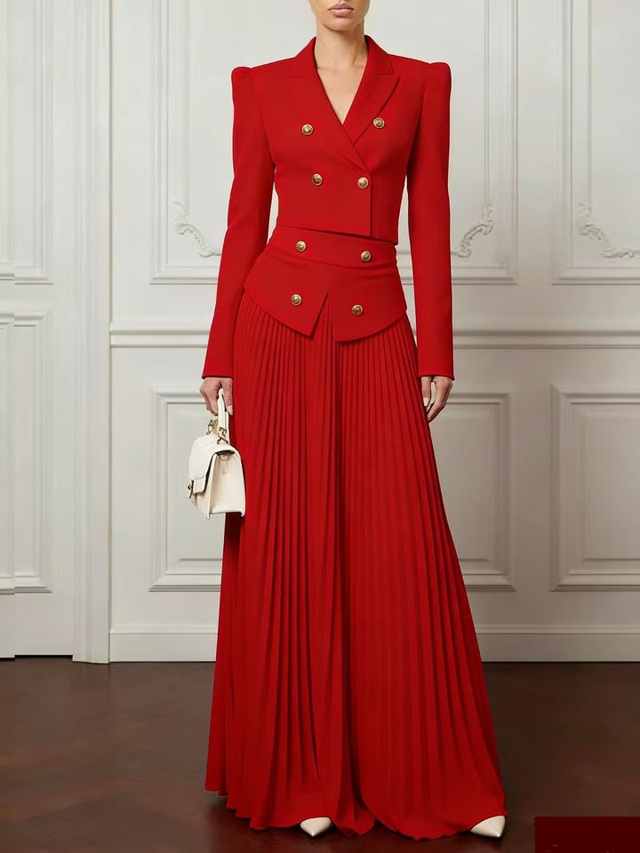 Women Two-Piece Fitted Suit with Double-Breasted Blazer and Pleated Maxi Skirt Mune Fashion