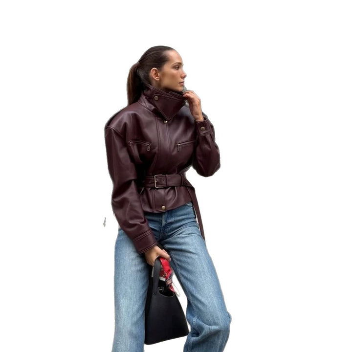 Women's fitted faux leather bomber jacket with high stand collar and tie belt Mune Fashion