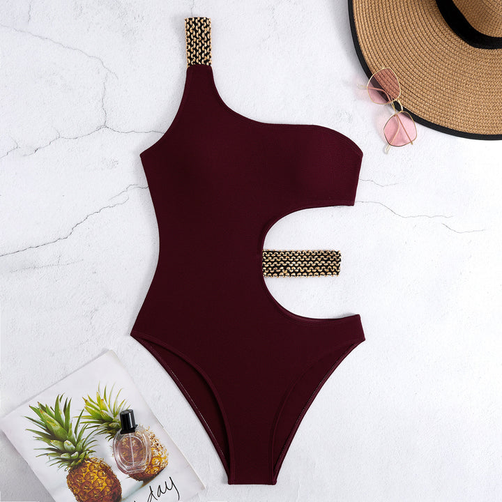 Women One-Piece Swimsuit with Asymmetric Cut-Out and Fashionable Chain Accents Mune Fashion