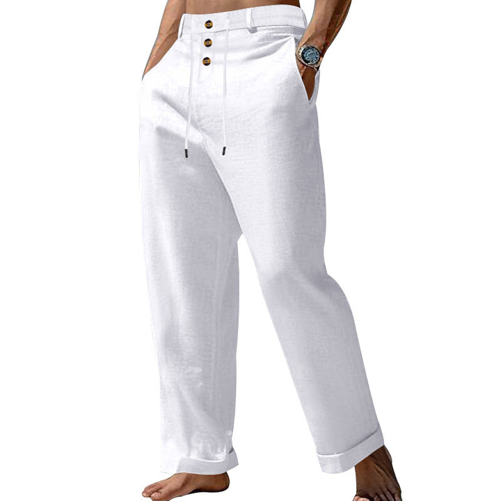 Men's wide summer pants made of linen-cotton blend with triple-button placket, drawstring waistband, and cuffed hem Mune Fashion
