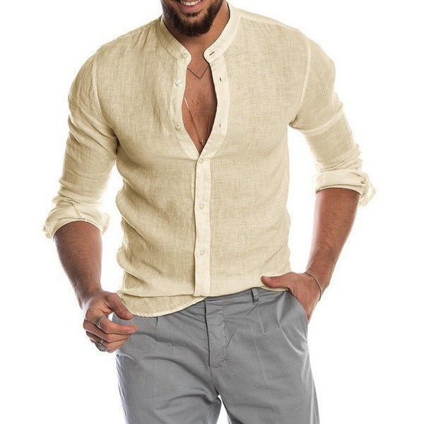 Men's linen shirt with stand-up collar, continuous button placket, and casual slim-fit cut Mune Fashion