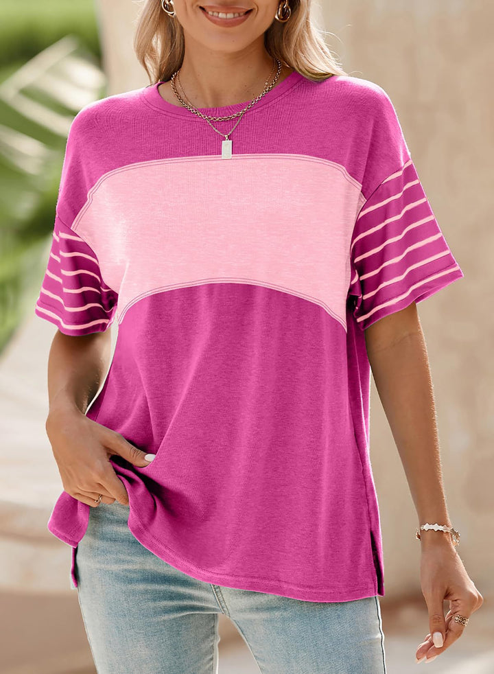 Women Oversize Shirt with Contrast Panel, Striped Sleeves and Side Slits Mune Fashion