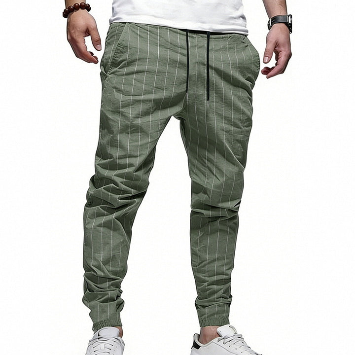 Men's striped jogging pants in linen look with drawstring and narrow tapered cuffs Mune Fashion