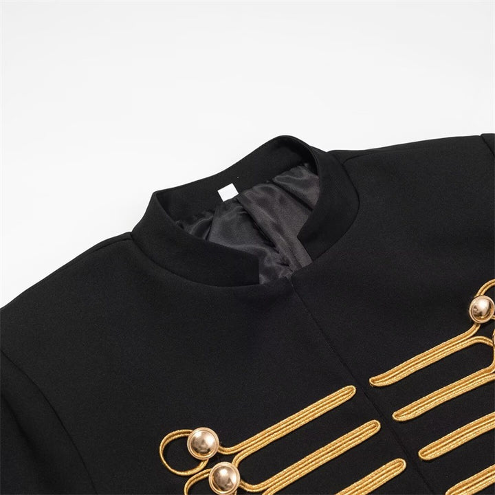 Women Military-Inspired Short Jacket with Stand-Up Collar and Golden Decorative Braid Mune Fashion