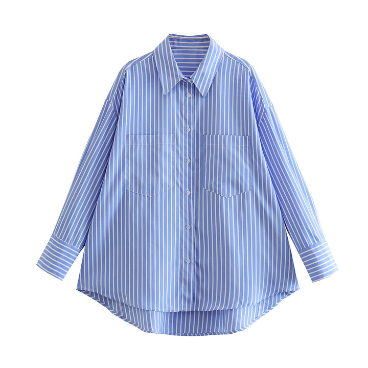 Women's Oversized Shirt Blouse with Dropped Shoulder, Chest Pockets, and Rounded Hem Mune Fashion