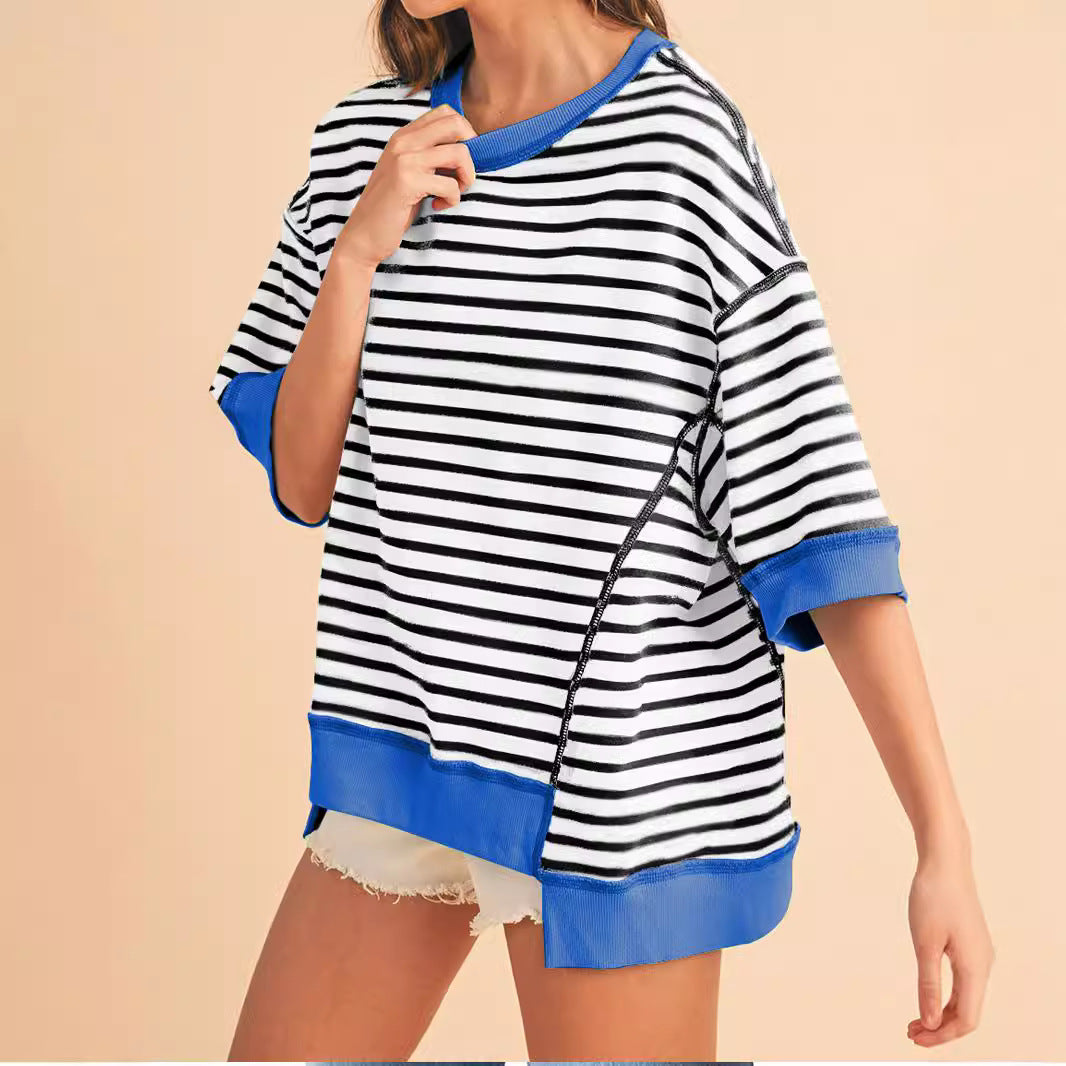 Women's Oversize Stripe Sweatshirt with Contrasting Cuffs Mune Fashion
