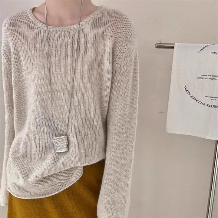 Women Light Oversize Fine Knit Sweater with Round Neck, Subtle Sheer Effect and Rounded Hem Mune Fashion