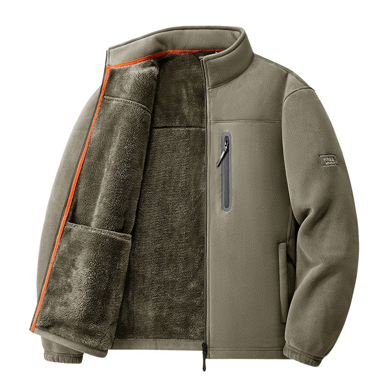 Men's nan thermal fleece jacket with high-pile teddy lining, chest zip pocket, and windproof front shell