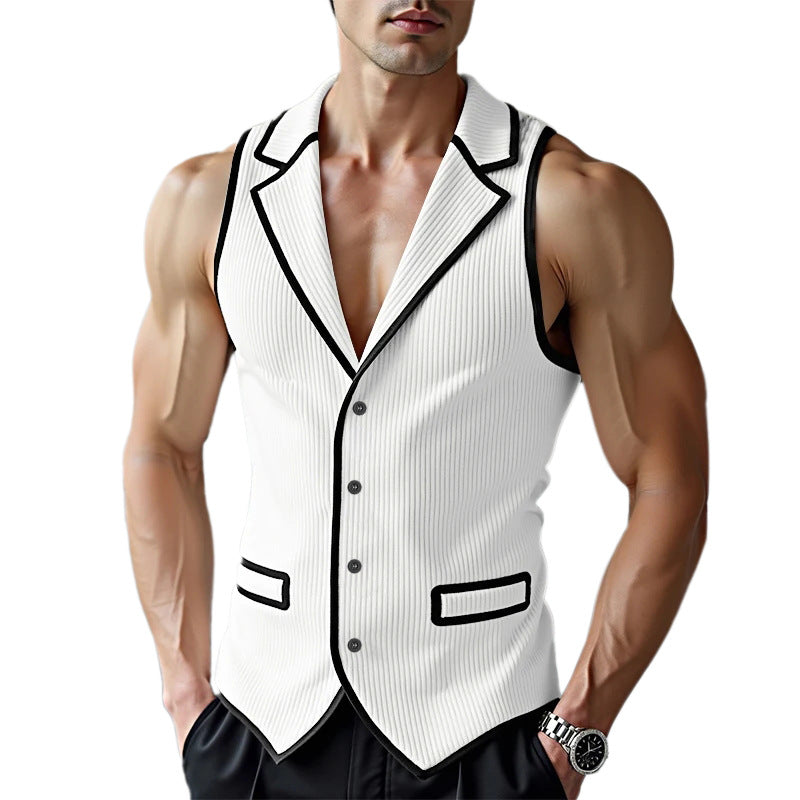 Men's sleeveless tailored jersey vest with notched lapel and contrast piping Mune Fashion