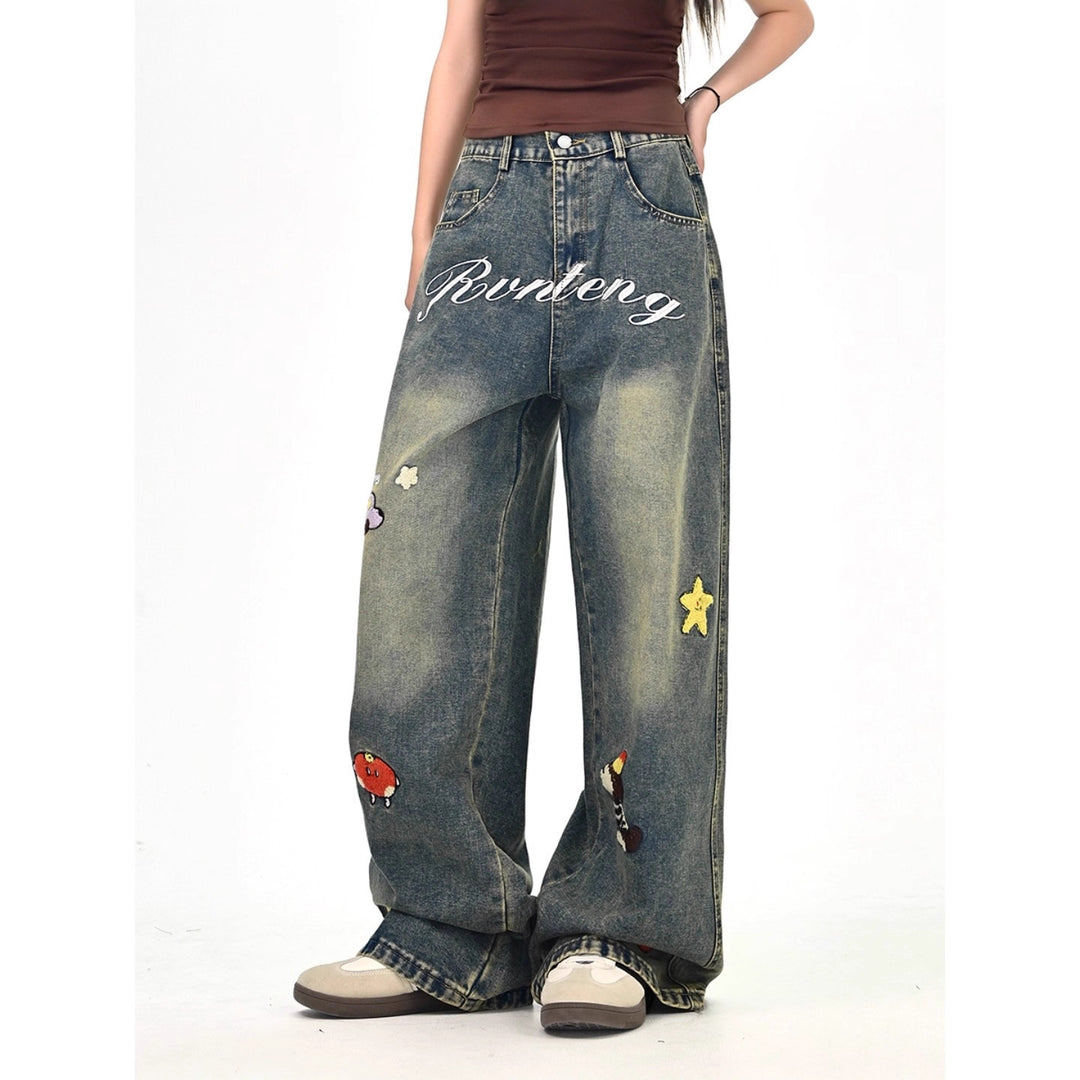 Women's Wide Cut Costume Jeans with Colorful Embroidery Design Mune Fashion