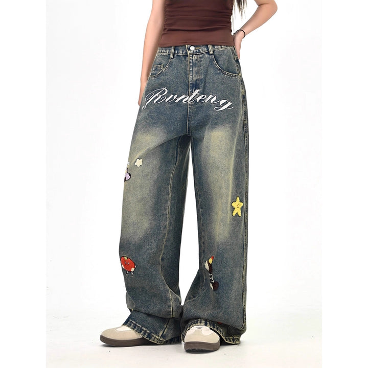 Women's Wide Cut Costume Jeans with Colorful Embroidery Design Mune Fashion