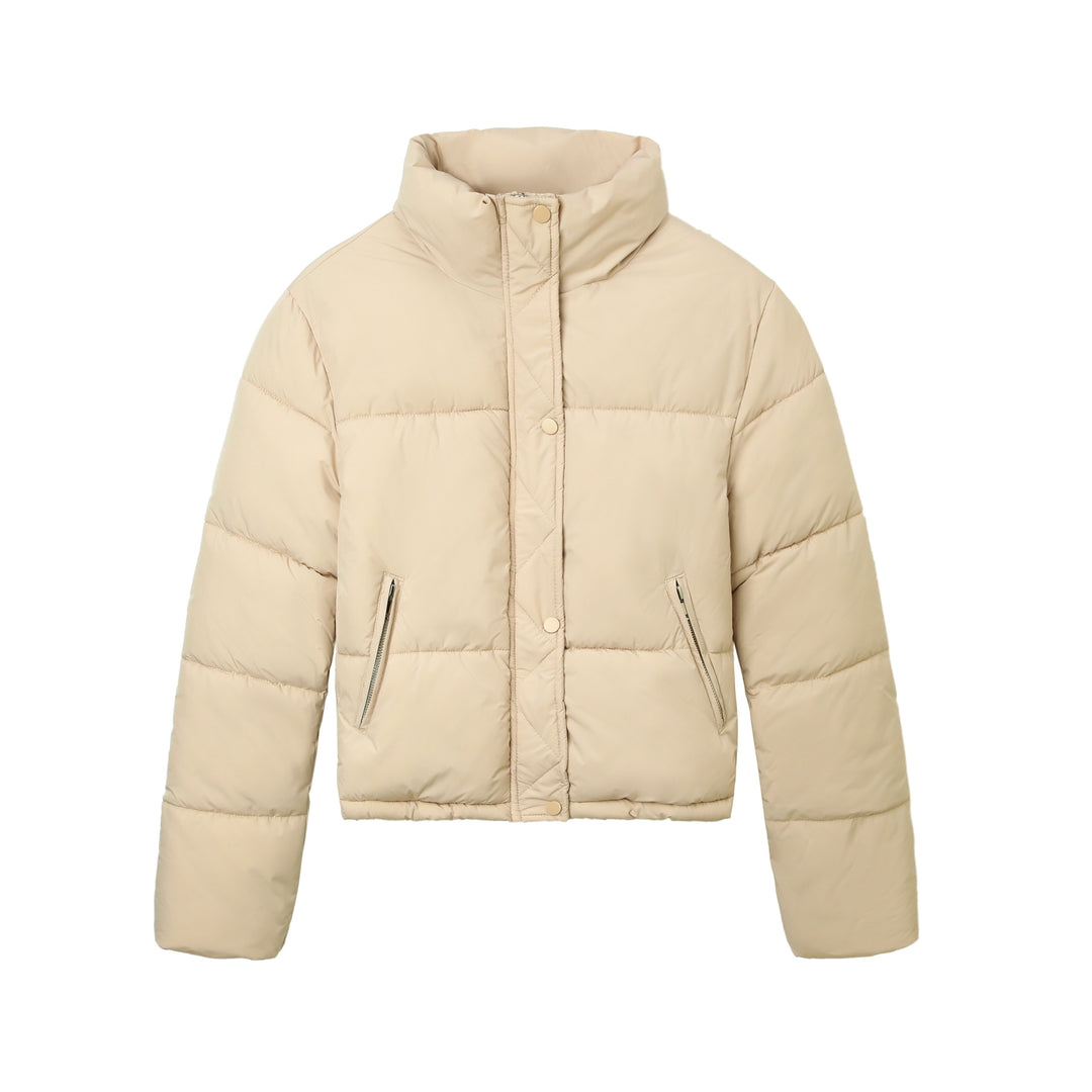 Women's Boxy Puffer Jacket with High Stand-Up Collar and Concealed Snap Button Placket Mune Fashion