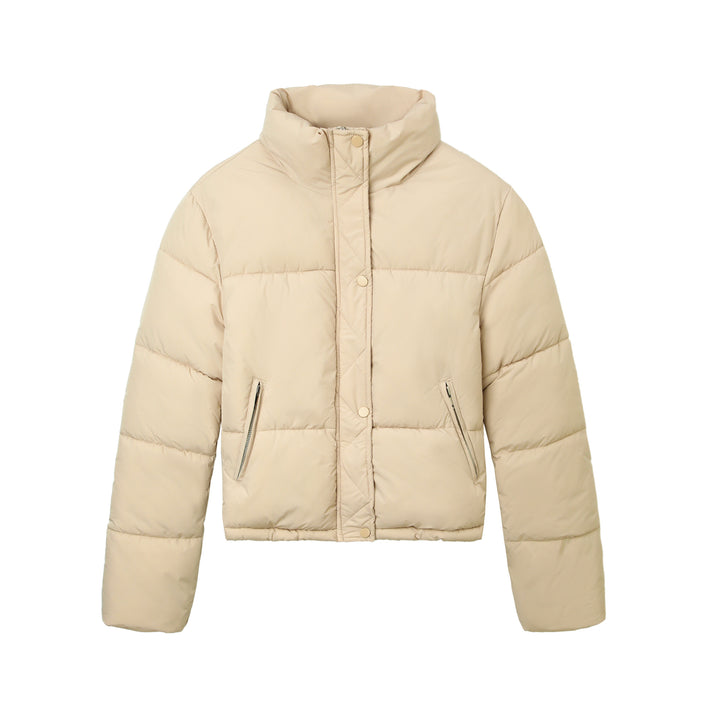 Women's Boxy Puffer Jacket with High Stand-Up Collar and Concealed Snap Button Placket Mune Fashion