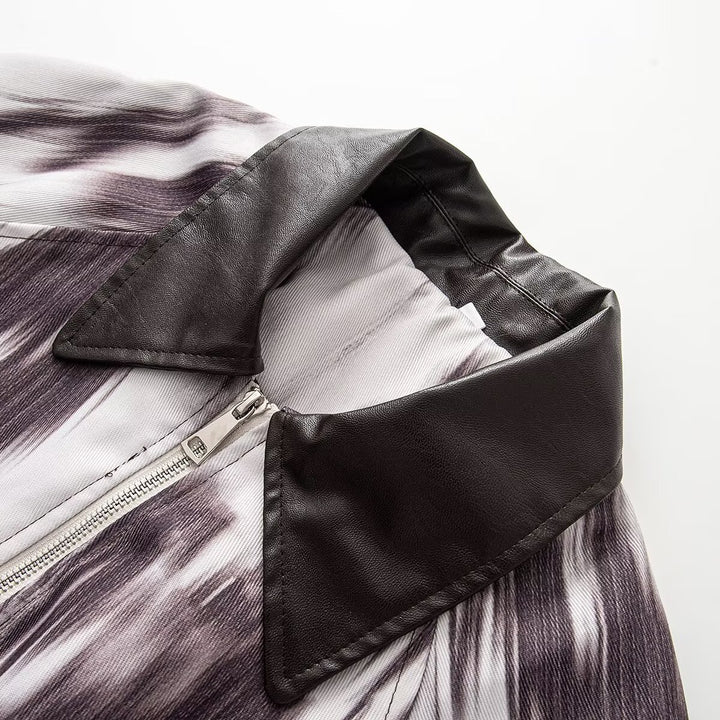 Women Short Bomber Jacket with Abstract Brush Print and Leather-Look Collar Mune Fashion