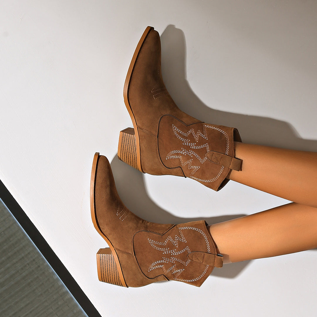 Ladies' short shaft western boot with decorative embroidery, square block heel, and soft suede finish Mune Fashion