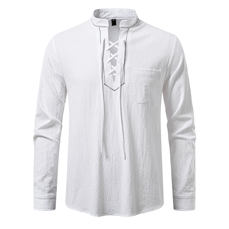 Men's Lightweight Cotton Blend Henley Shirt with Lace Placket and Stand Collar Mune Fashion