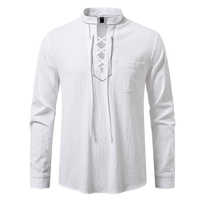 Men's Lightweight Cotton Blend Henley Shirt with Lace Placket and Stand Collar Mune Fashion