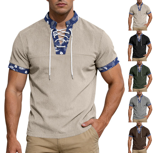 Men's short sleeve laced shirt with bandana trim and structured jersey quality Mune Fashion