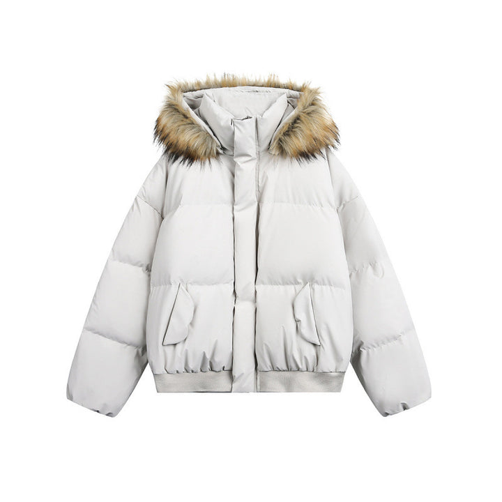 Women short quilted bomber jacket with hood and faux fur trim Mune Fashion