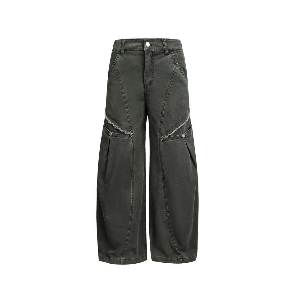 Women's Wide High-Waist Cargo Pants in Vintage Workwear Look with Patch Pockets and Fringe Details Mune Fashion
