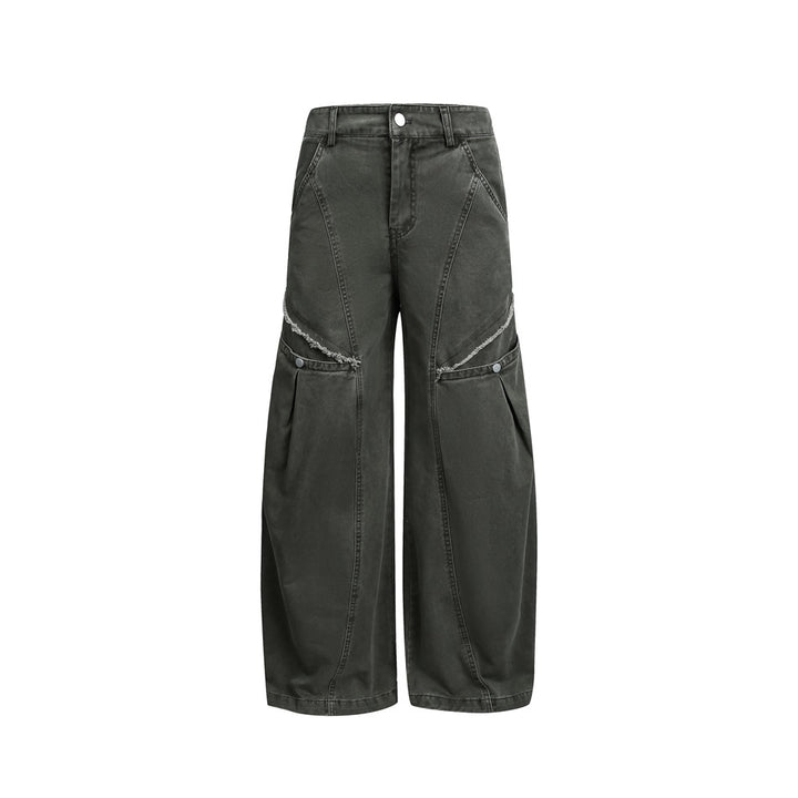 Women's Wide High-Waist Cargo Pants in Vintage Workwear Look with Patch Pockets and Fringe Details Mune Fashion