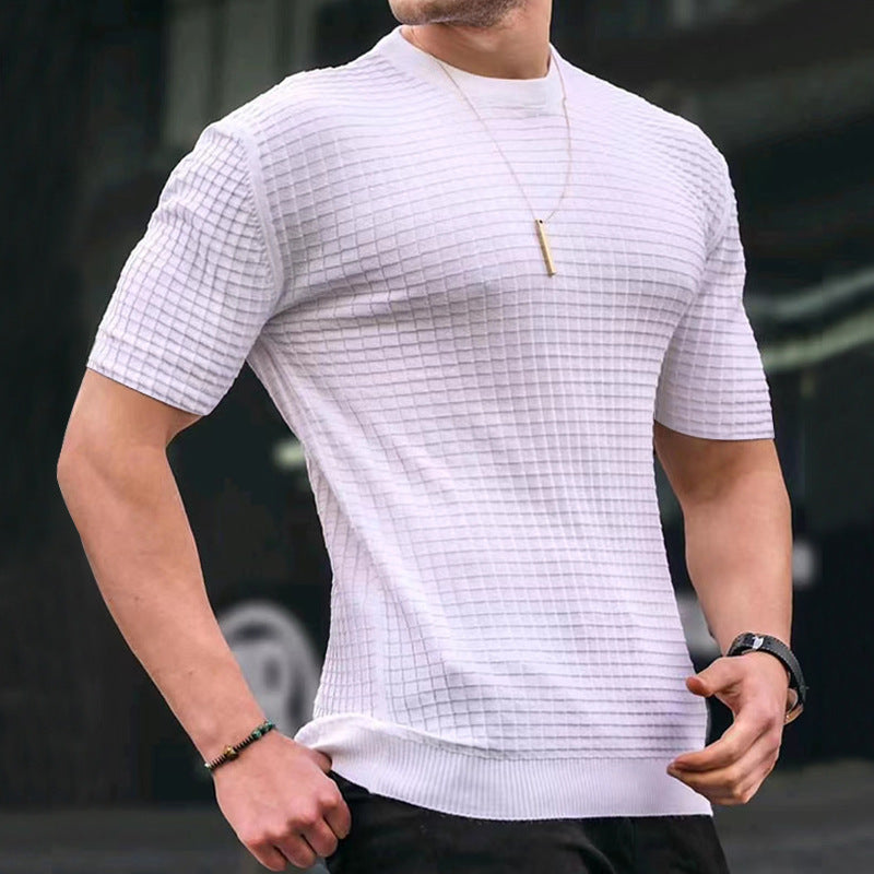 Men's waffle structure short sleeve knit shirt with slim fit and elastic rib hem Mune Fashion