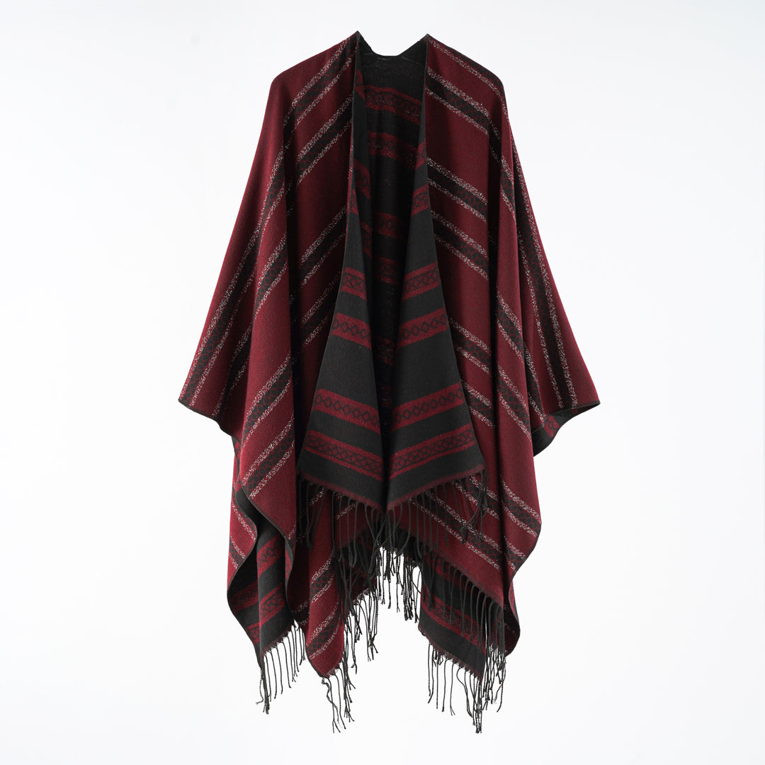 Women's wool blend wrap poncho in jacquard stripe with fringes Mune Fashion